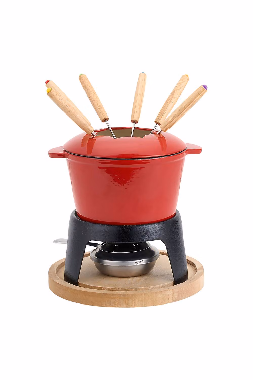 Garden Sanctuary Red Enamelled Cast Iron Fondue Pot Set with 2L Non-Stick Capacity – 2