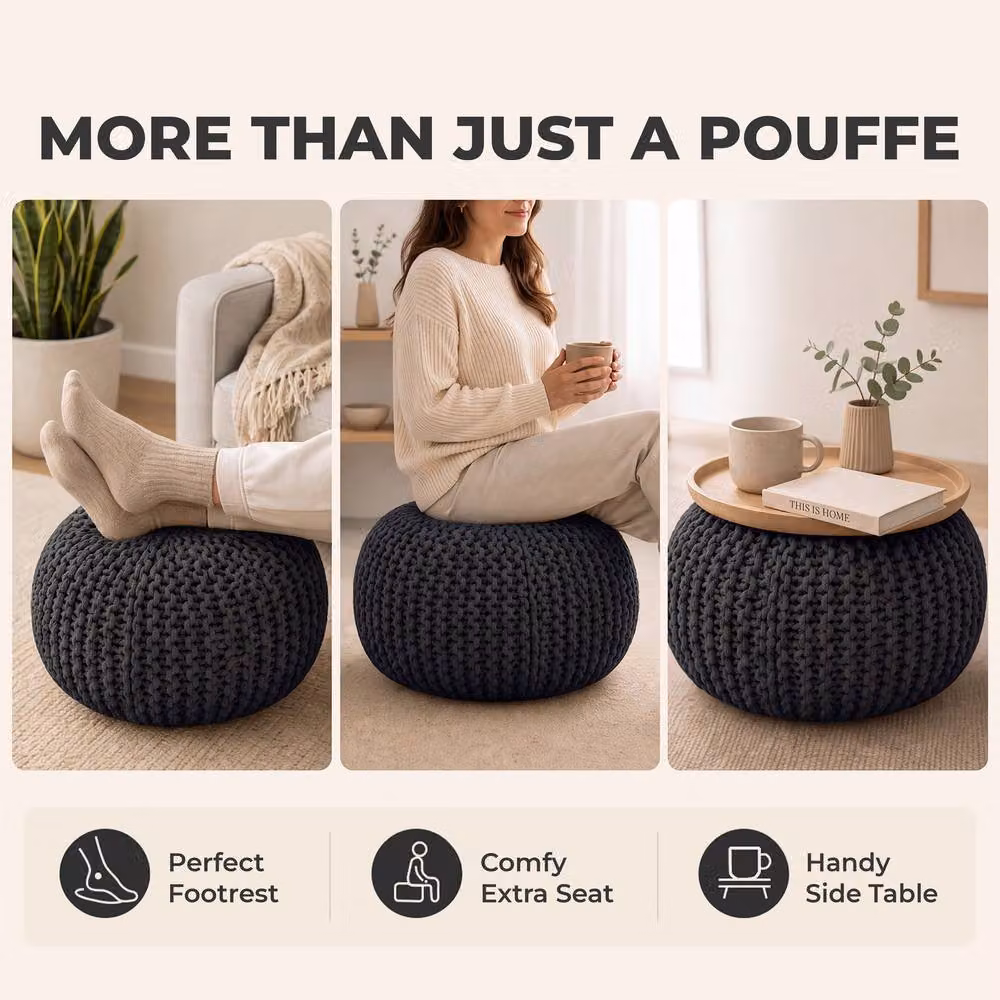 Bravich LTD Grey Chunky Knitted Cotton Round Pouffe Footstool, Diameter: 50 cm – 8