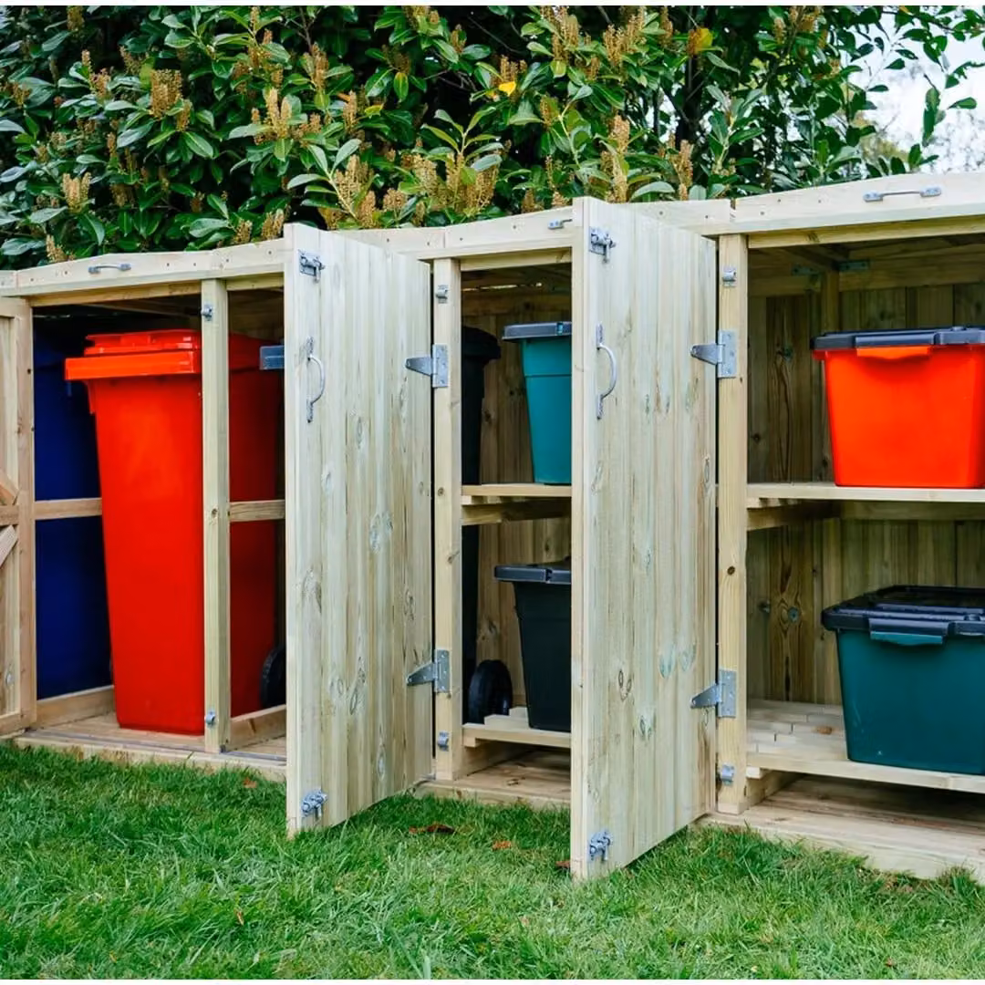 Buttercup Farm Shireburn Bin Store in Brown, Fits 3x 180L/240L Wheelie Bins and 4x Boxes, W/D/H: 330 x 148 x 120 cm – 3