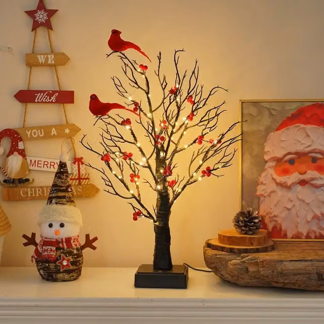 Smartbies Red Birch Twig Christmas Tree with 60 Warm LED Lights and Birds, USB or Battery Operated – 1