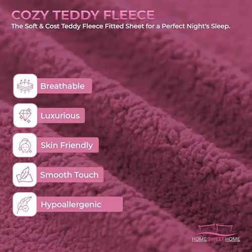 Snug City Teddy Fleece Fitted Sheet, Purple, Super King, W/D/H: 200 x 200 x 30 cm – 4