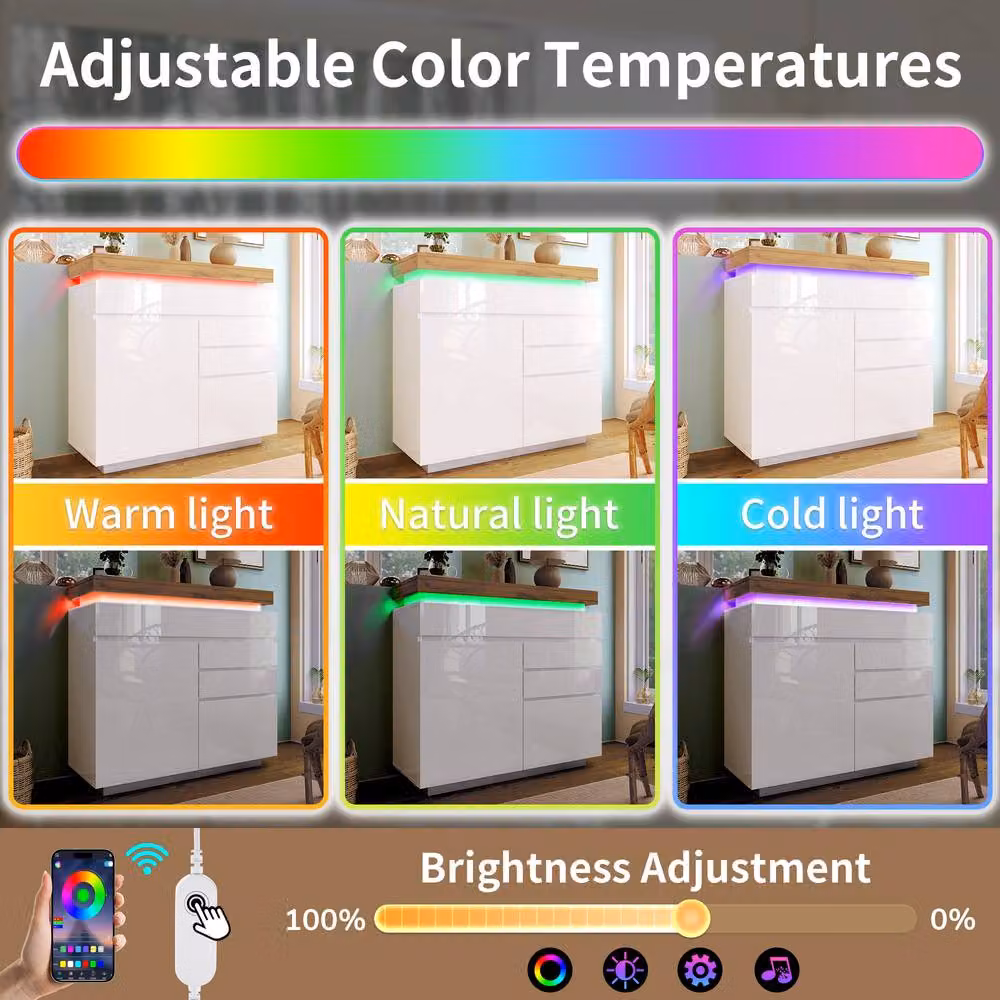 Fascinate High-Gloss White App-Controlled RGB LED Chest of Drawers and Sideboard – 3