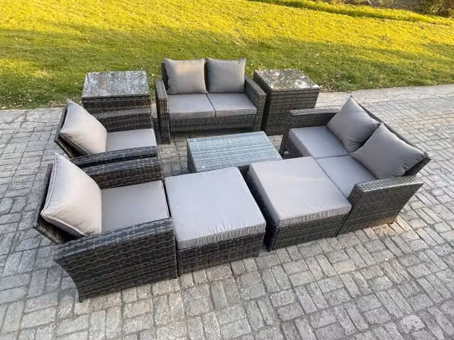 Fimous 9 Piece Outdoor Rattan Garden Furniture Set with Coffee Table and Upholstered Cushions in Dark Grey