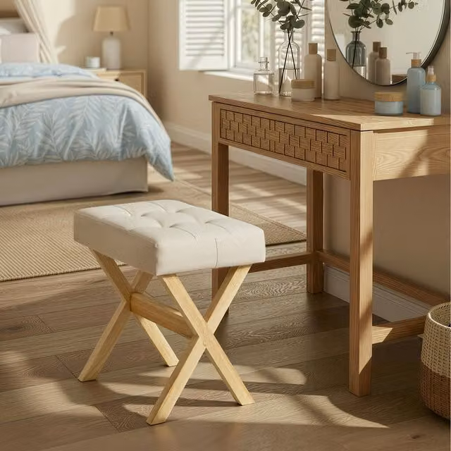SONGMICS Upholstered Dressing Table Stool in Natural Beige with Rubberwood Frame