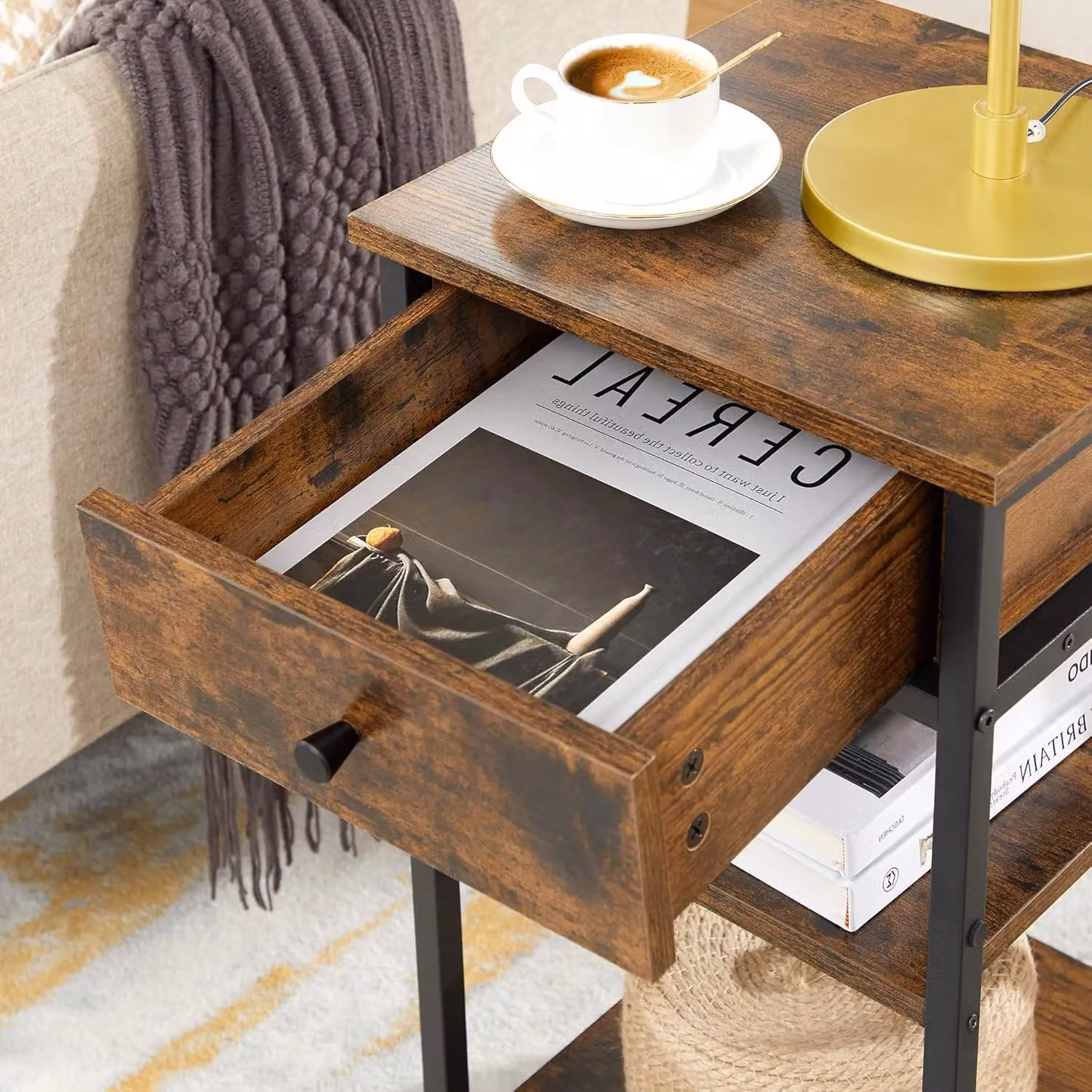 VASAGLE Industrial Bedside Table with Drawer and Storage Shelves in Brown – 4