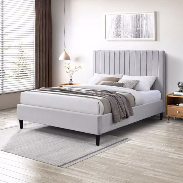 FurnitureboxUK Aster Velvet Bed Frame in Grey, W/D/H: 180 x 200 cm