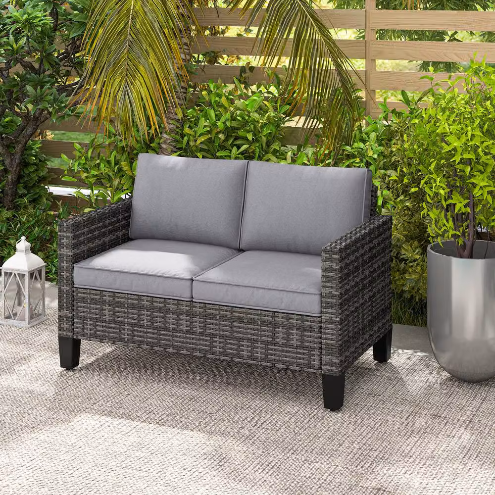 ERGOVEXA Two-Seater Rattan Outdoor Sofa in Grey with Upholstered Cushions and Powder Coated Steel Frame – 4
