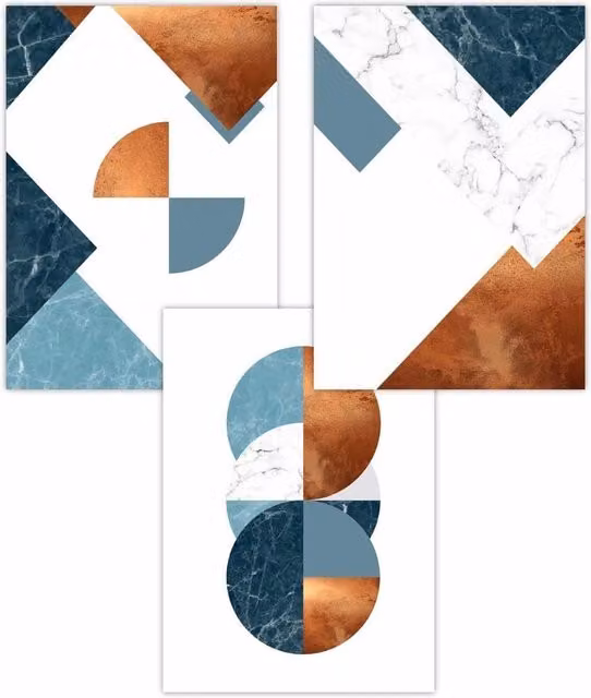 ARTZE Set of 3 Mid Century Abstract Geometric Art Posters in Petrol, Orange and Multicolour, W: 42 cm, H: 59 cm