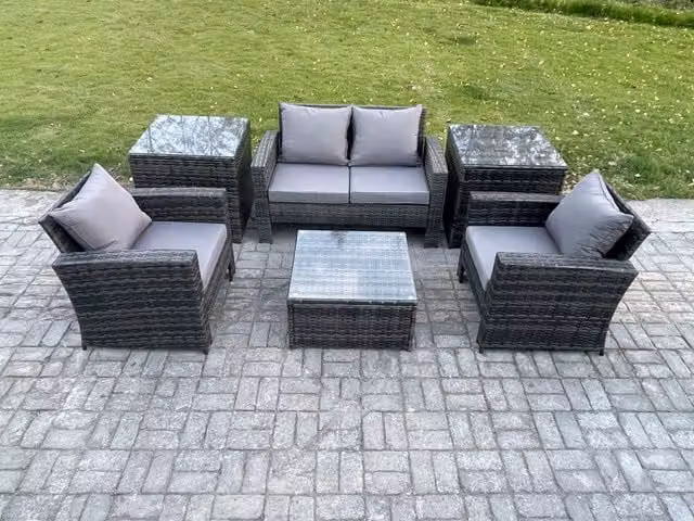 Fimous Outdoor Lounge Sofa Set in Dark Grey PE Rattan with Armchair, Square Coffee Table and 2 Side Tables