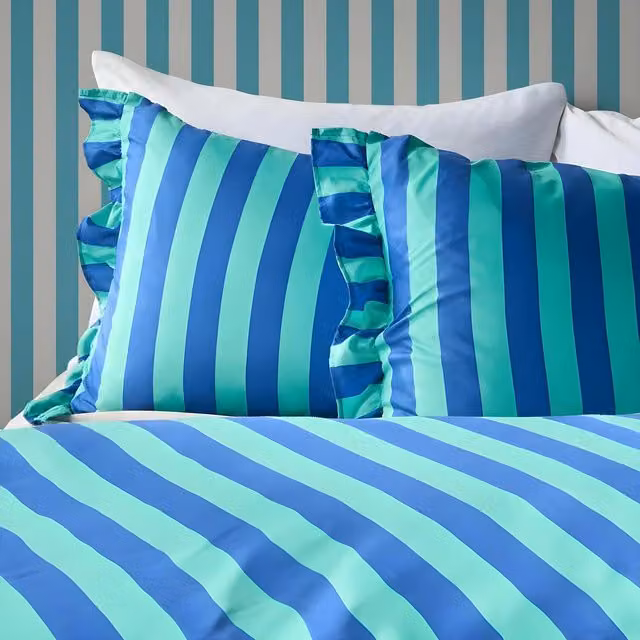 OHS Striped Print Frill Edge Duvet Cover Set for Adults in Blue and Green