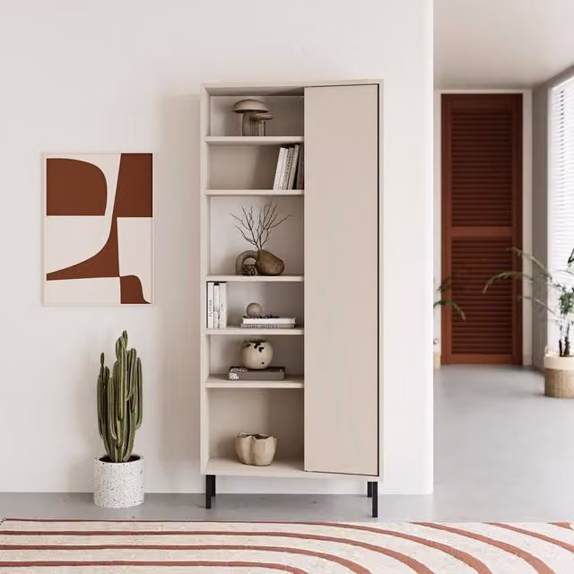 FWStyle Frem Curved Sandstone 5-Tier Bookcase with Door in Beige, Modern Storage Unit with 10 Shelves and Metal Legs, H 176 cm x W 74 cm x D 37 cm – 1