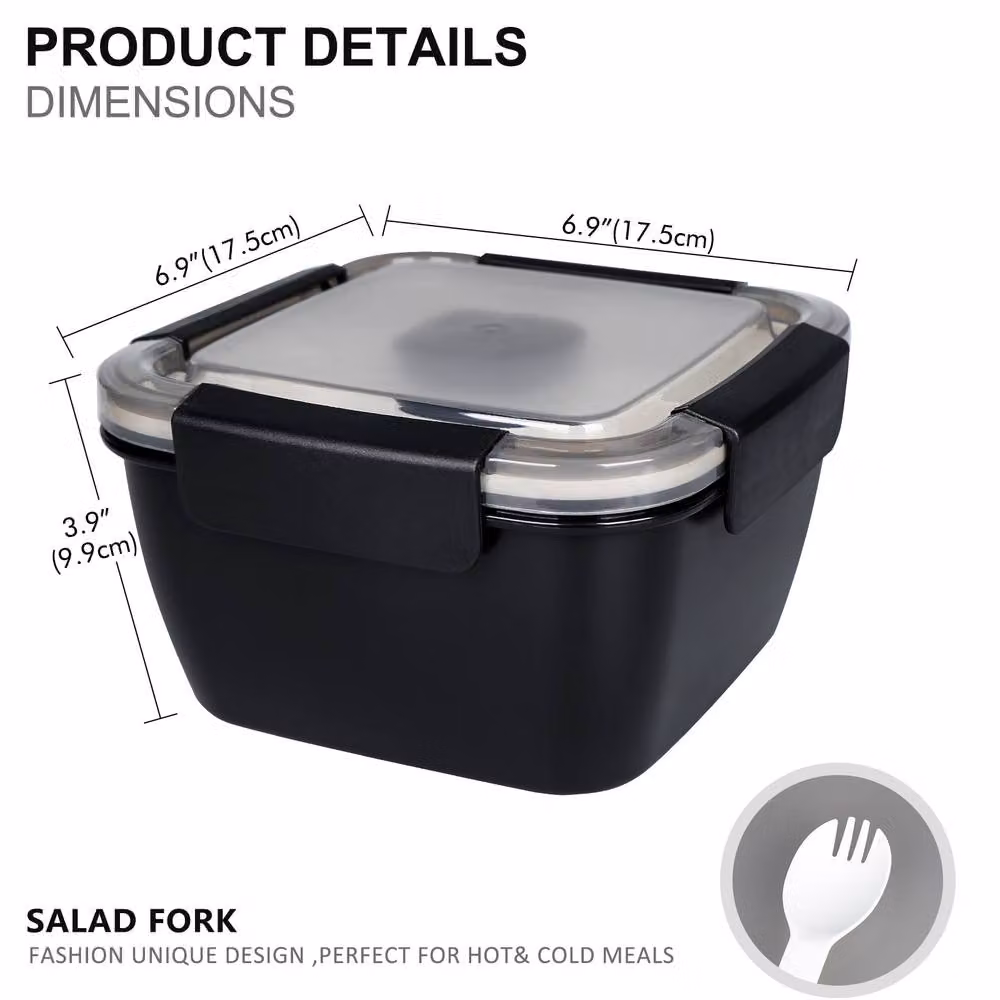 Greentainer Salad Container and Lunch Box with 3 Compartments and Spoon, Black, 52 oz – 4