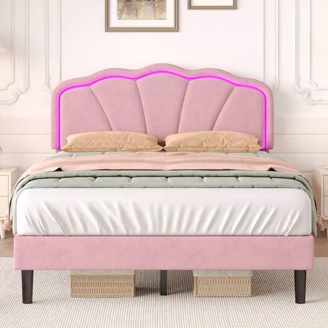 Merax Pink Velvet Upholstered Double Bed Frame with Smart LED Under-Bed Lighting, W/D/H: 140 x 200 x 135 cm