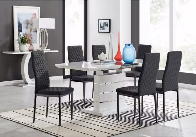FurnitureboxUK Renato Gloss Extending Rectangular Kitchen Dining Table and 6 Milan Black Leg Chairs - Black