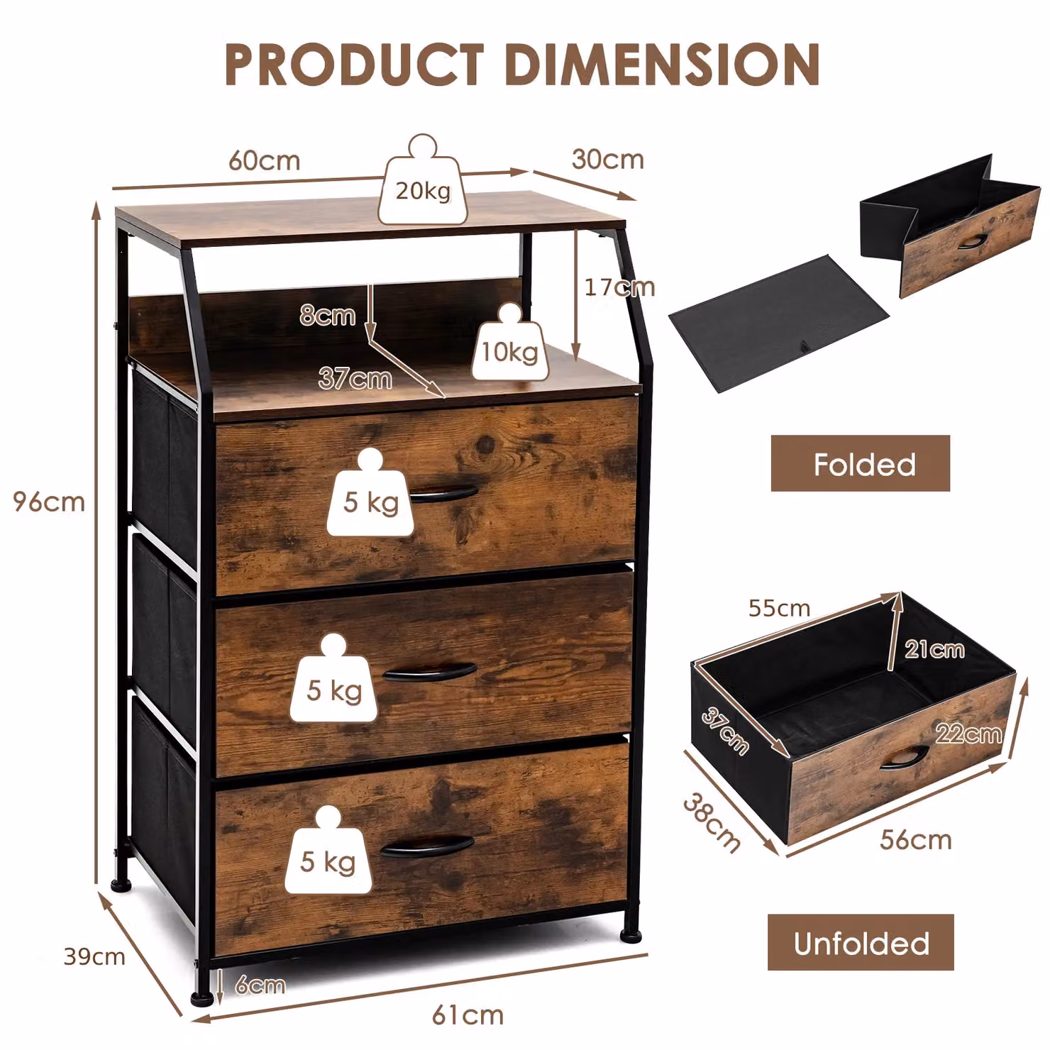 Costway 3 Drawer Dresser with Top Shelf, Brown Industrial Foldable Drawer Chest Cabinet – 2