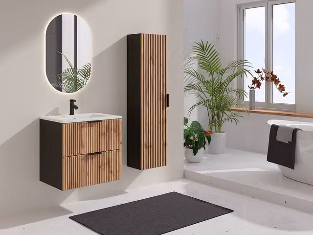 Vente-unique Striped Wall-Mounted Bathroom Furniture Set in Black with Ceramic Inset Sink, Tall Cabinet and LED Lighting