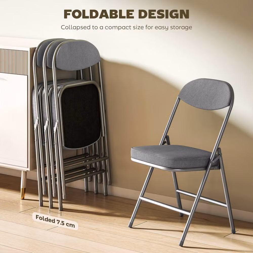 HOMCOM Set of 4 Grey Folding Chairs with Cushioned Fabric Seats and Steel Frame – 4