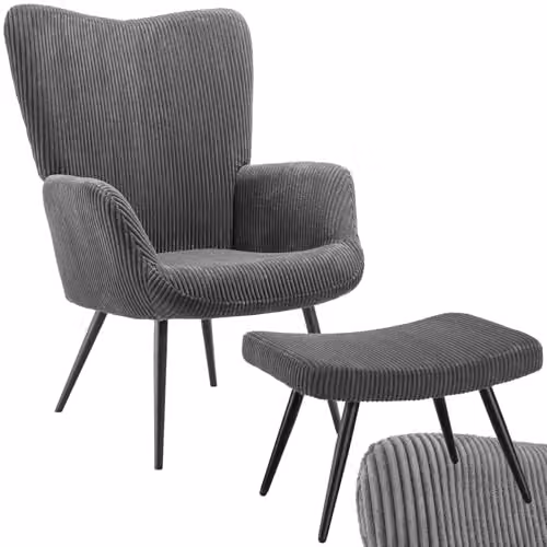 tectake Scandinavian Style Armchair with Footstool in Anthracite and Black Corduroy Fabric, W/D/H: 76.0 x 72.0 x 100.5 cm – 1