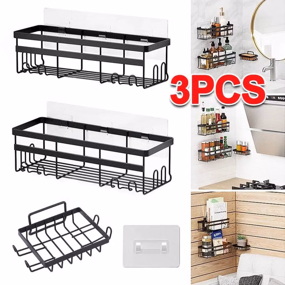 FLAVORA 3 Pack Stainless Steel Adhesive Shower Caddy in Black, Width: 50 cm – 2