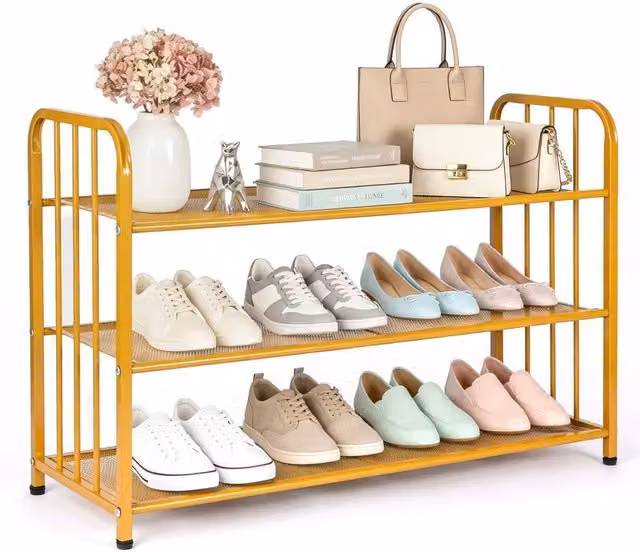 Kelvenix 3-Tier Metal Free-Standing Shoe Rack in Gold, W: 80 cm, D: 27 cm, H: 53 cm – 1