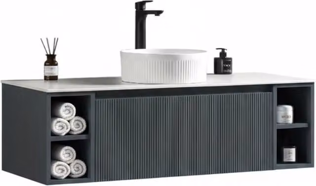 Bathroom Kingdom Flauto Smoked Sage Wall Hung Vanity Basin with Drawers, Dark Grey, Width: 120 cm