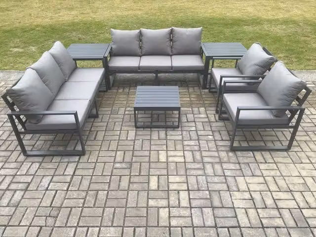 Fimous 8 Seater Powder Coated Aluminium Outdoor Lounge Sofa Set in Dark Grey with Coffee Table, 2 Chairs and 2 Side Tables