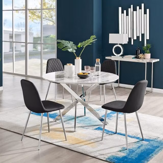 FurnitureboxUK Novara White Marble Effect Round Dining Table and 4 Corona Silver Chairs in Black, Diameter: 120 cm