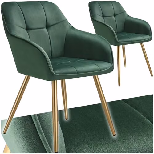 tectake Marilyn Set of 2 Dining Chairs with Velvet Fabric and Gold Metal Legs in Dark Green/Gold