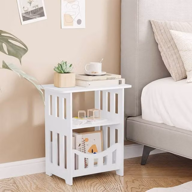 Dprodo Multifunction Small Side Table with Storage Shelf Basket in White