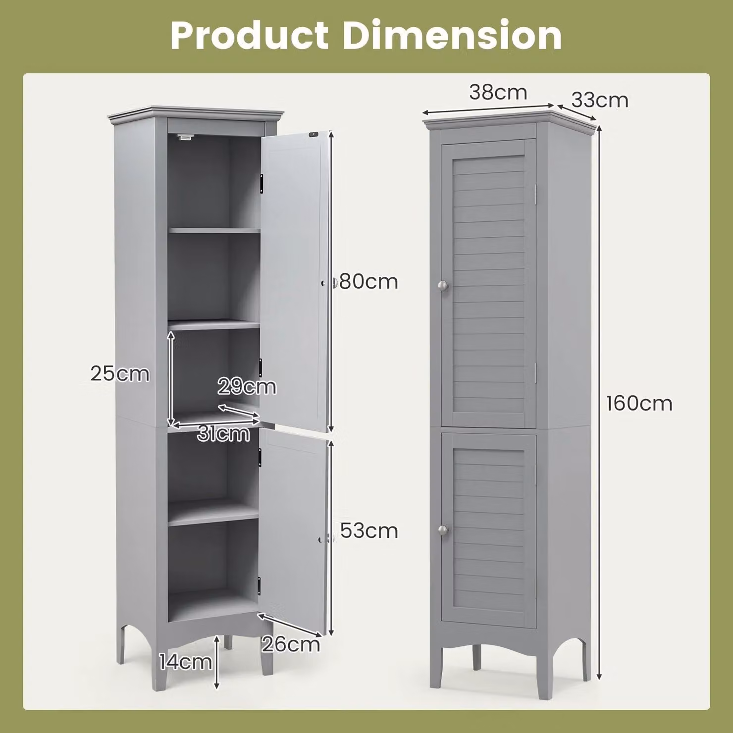 Costway 5-Tier Slim Bathroom Tall Storage Cabinet with 2 Hinged Doors in Grey – 2