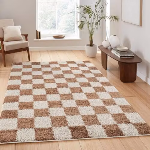 Desire Rugs Chester Modern Checkered Shaggy Area Rug, Terracotta, W: 120 cm, L: 170 cm – 1