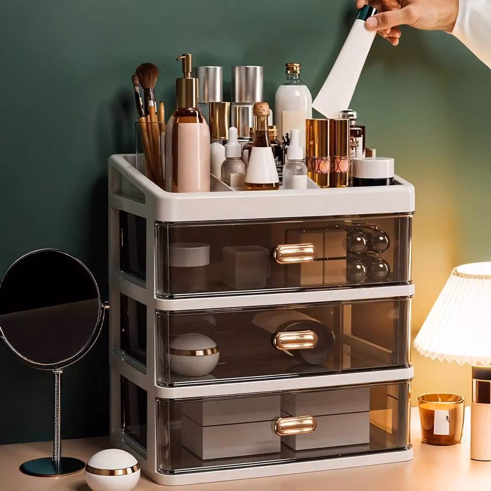 FORGEVIO 3 Tier Makeup Storage Box in White and Transparent Plastic, W: 50.0 cm, H: 27.5 cm – 3