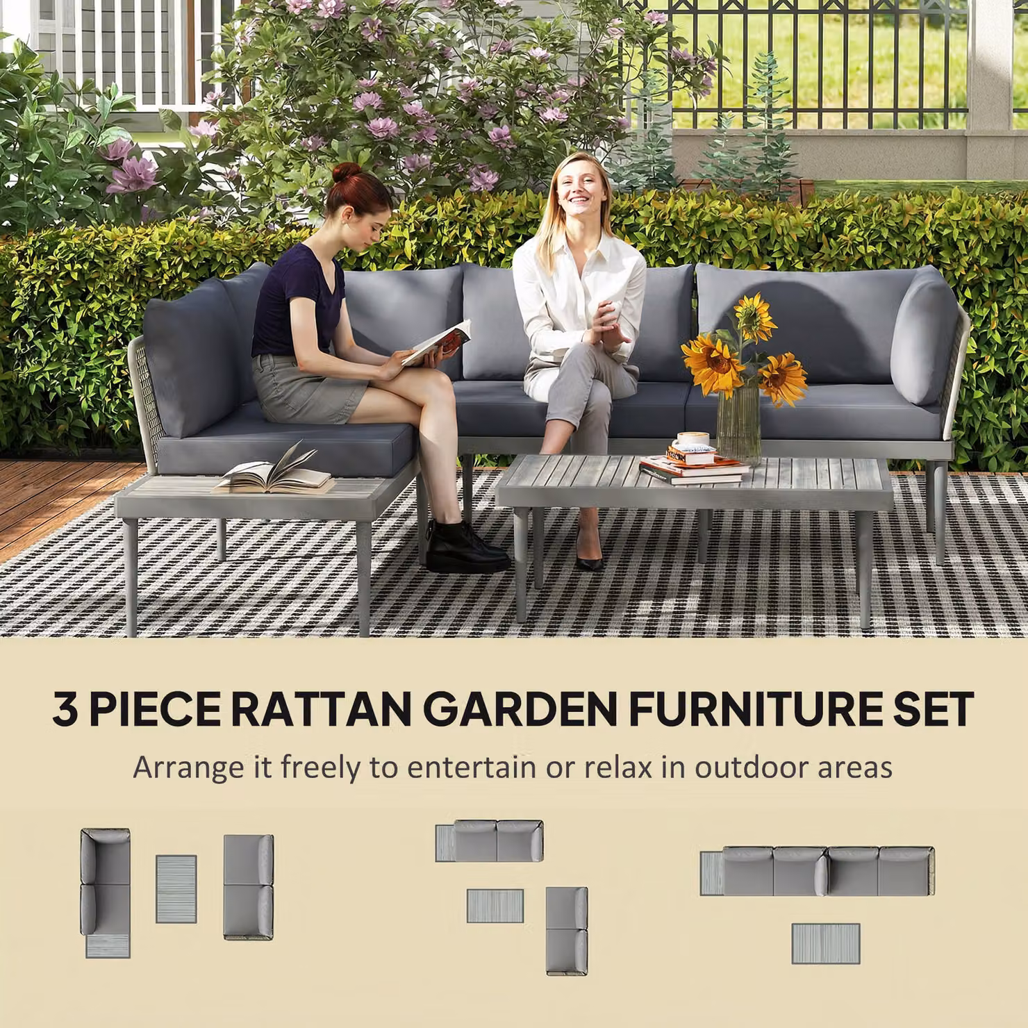 Outsunny Three-Piece L-Shaped Rattan Sofa Set with Upholstered Cushions and Coffee Table in Grey – 4