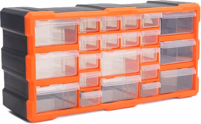 Simpa 22 Drawer Plastic DIY Tool and Hardware Storage Organiser Cabinet, Black and Transparent, H 25 cm x W 49 cm x D 15.5 cm