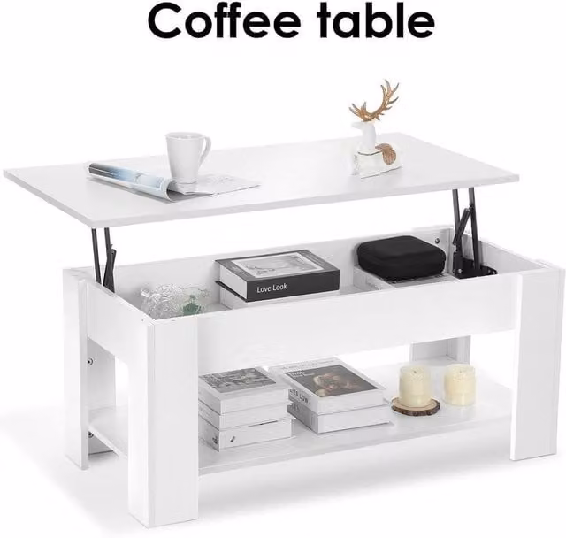 KORVIXA White Square Coffee Table with Lift Top Storage and Shelf, W/D/H: 100 x 100 x 60 cm