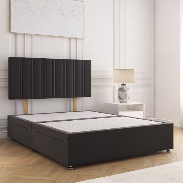 BSSPOKE Sienna Double Divan Bed with 24 inch Plush Headboard and 2 Same Side Drawers in Black Velvet Fabric, W/D/H: 140 x 200 cm