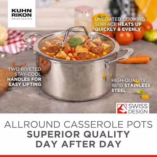 Kuhn Rikon Allround Stainless Steel Casserole Pot with Glass Lid, Silver, Diameter: 24 cm – 4