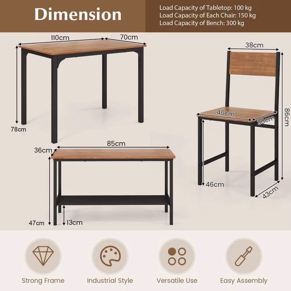 Costway 4-Piece Industrial Dining Table Set with Bench and Chairs in Brown – 2