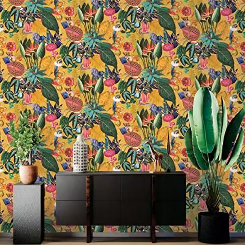 Holden Decor Wonderland Tropical Wallpaper in Ochre Yellow with Exotic Birds and Botanical Palm Leaves – 2