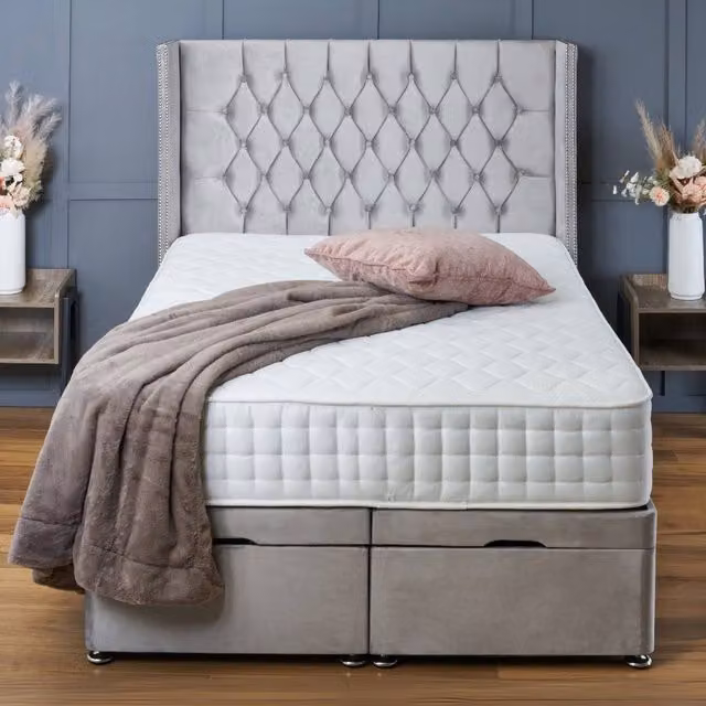 BSSPOKE Olivia Ottoman Divan Bed in Silver Plush Velvet with 54 inch Headboard, Single Size