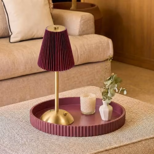 OHS Pleated LED Rechargeable Cordless Table Lamp in Red with Gold/Brass Accents – 5