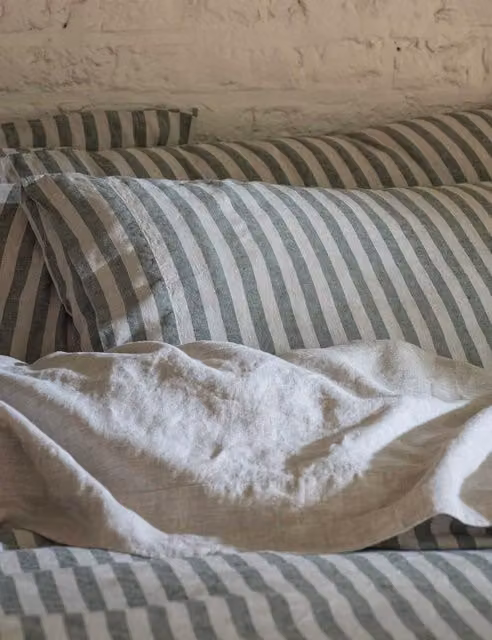 Piglet In Bed 2 Pack Pembroke Linen Rich Striped Pillowcases in Green Mix