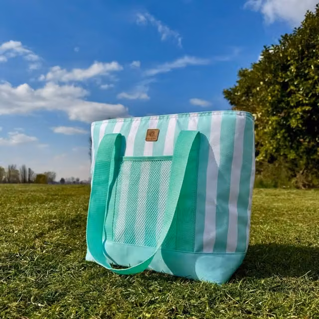 Whitesands 14L Insulated Tote Cool Bag with Shoulder Strap in Stripped Green
