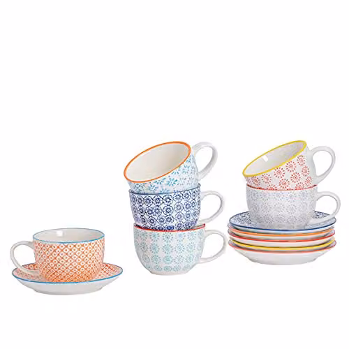 Nicola Spring Hand Printed Floral Cappuccino Cup and Saucer Set, Multicolour Stoneware, 12 Pieces, 250ml