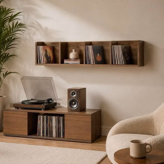 STILVORA Wall-Mounted CD Shelf with 4 Compartments in Brown – 1