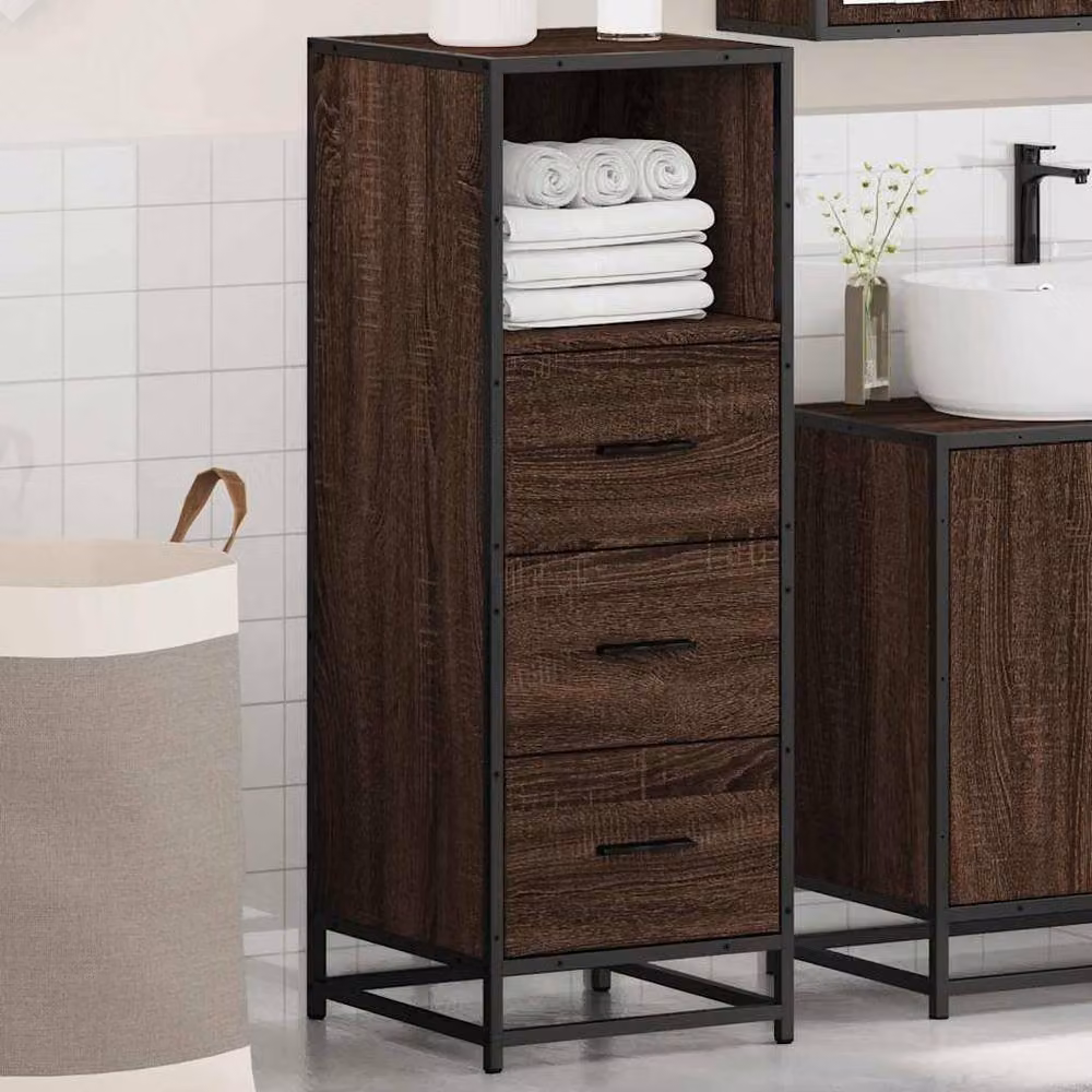 Berkfield Home Brown Oak Bathroom Cabinet with Open Shelf and Hinged Doors, W/D/H: 35 x 37.5 x 100 cm – 3