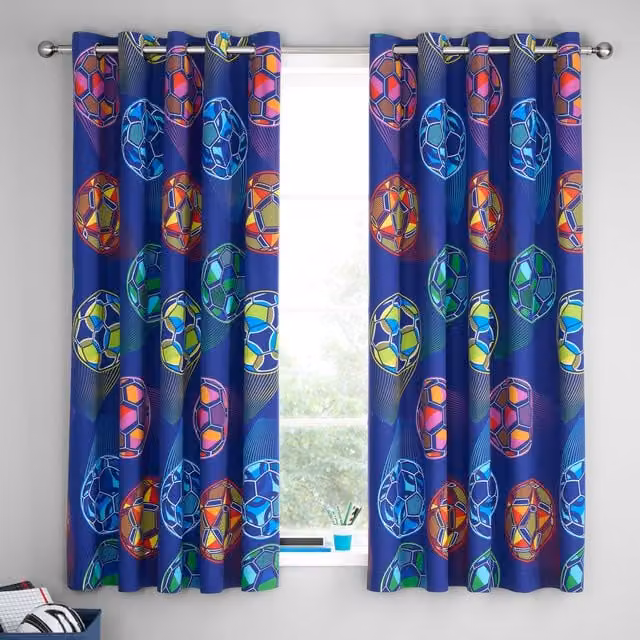 Catherine Lansfield Bright Football Reversible Eyelet Curtains, Navy Blue, H: 167.64 cm x W: 182.88 cm – 1
