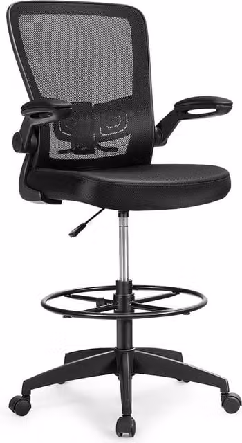 Gymax Ergonomic Black Mesh Drafting Chair with Flip-up Armrests and Swivel Base – 1