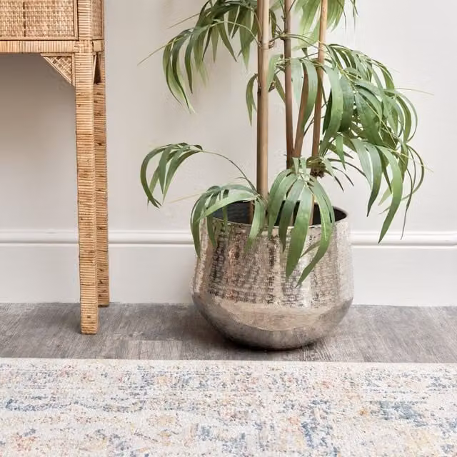 Melody Maison Large Round Silver Patterned Metal Planter, W: 32 cm, H: 27.5 cm