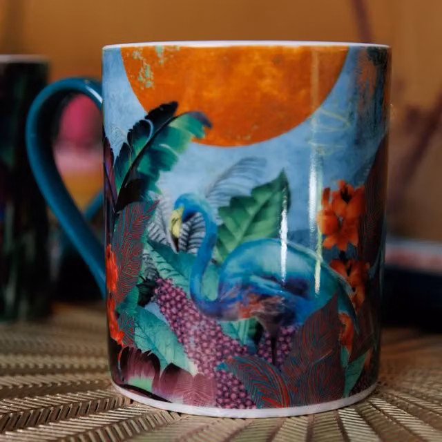 Mikasa x Sarah Arnett Porcelain Mug, 350ml, Green Floral Flamingo Print